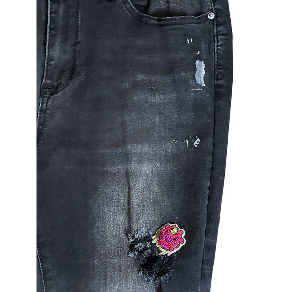 S.O.N.G. Eco Love Jeans Distressed Mushroom Patch Skinny Jeans Sz 13 Juniors Bla - Picture 3 of 12